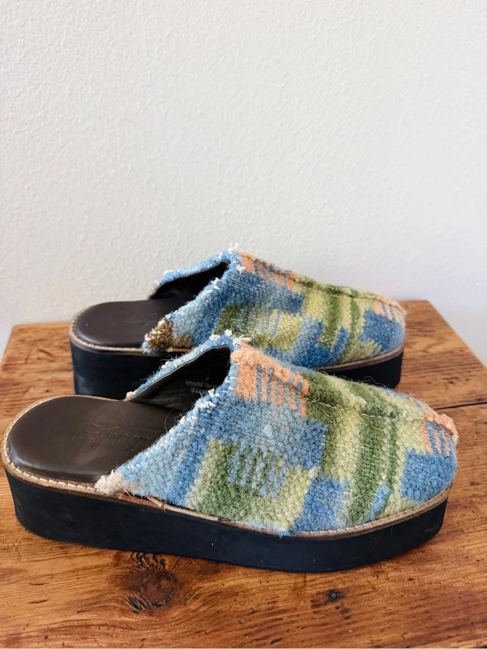 Free People Astrid Platform Mule in Blue Tweed Motif - Slides